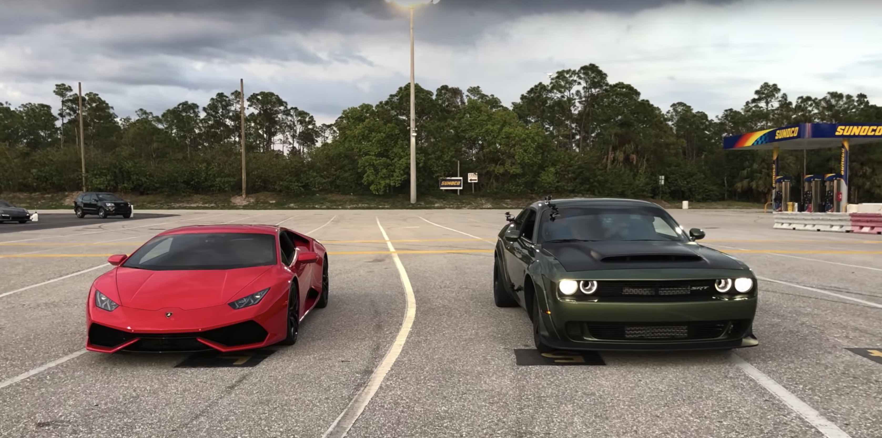 Drag race corrida de arrancada Dodge SRT Challenger Demon x Lamborghini Huracán LP610-4