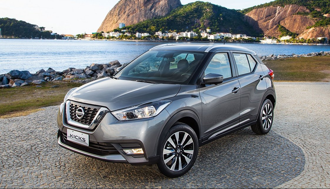 Nissan Kicks tendo ao fundo a Baía de Guanabara e o Pão de Açúcar no Rio de janeiro