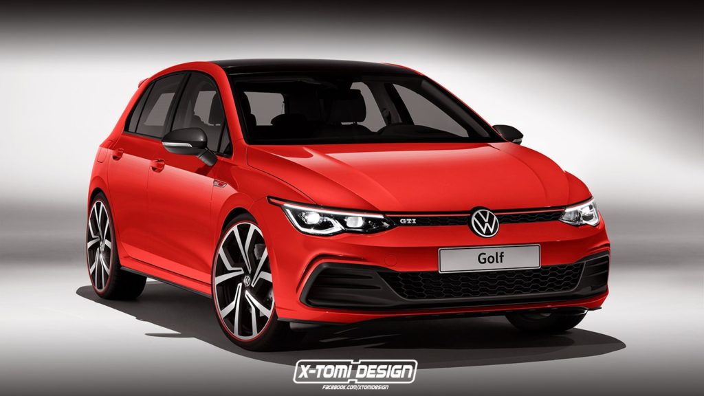 Projeção do Golf GTi Mk8 vermelho visto de frente