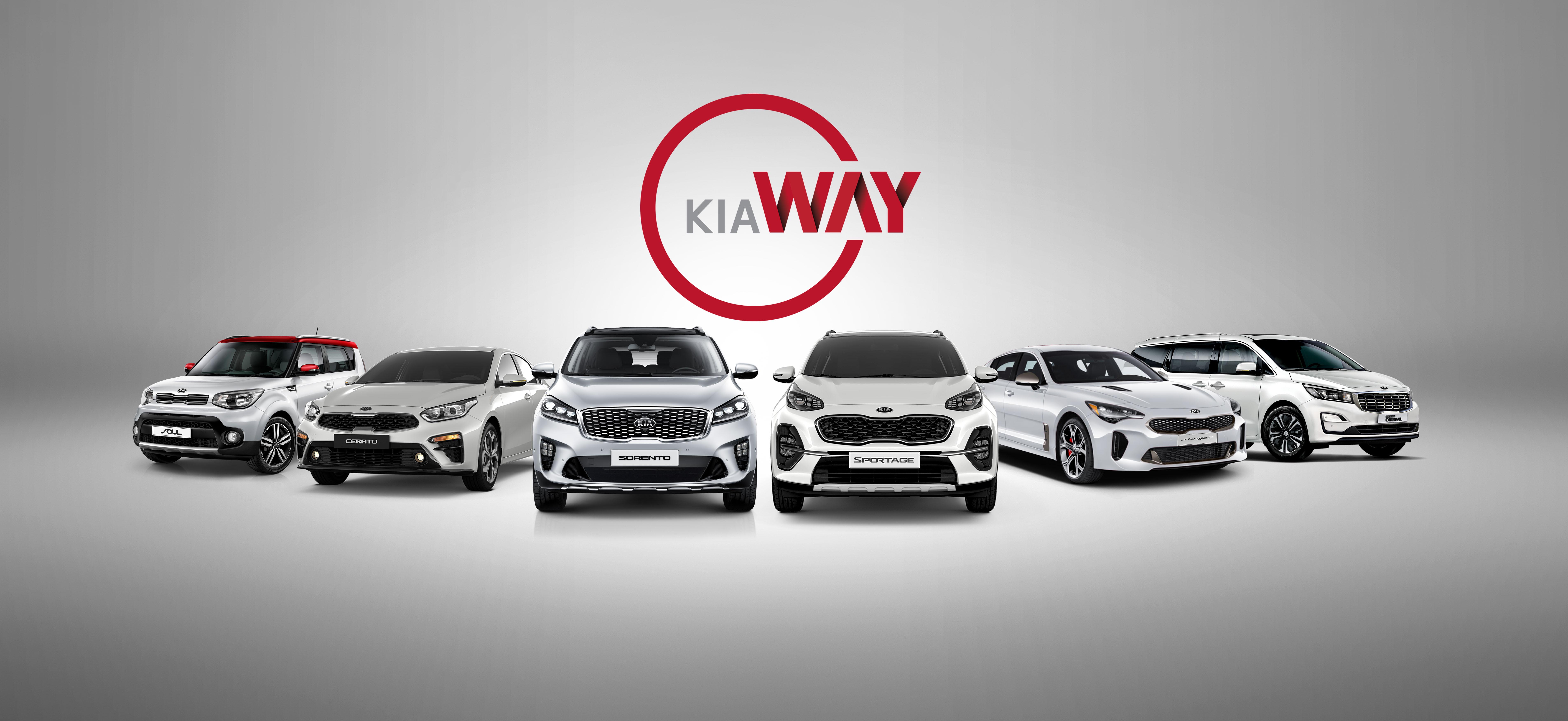 Linha de automóveis da Kia em fundo neutro