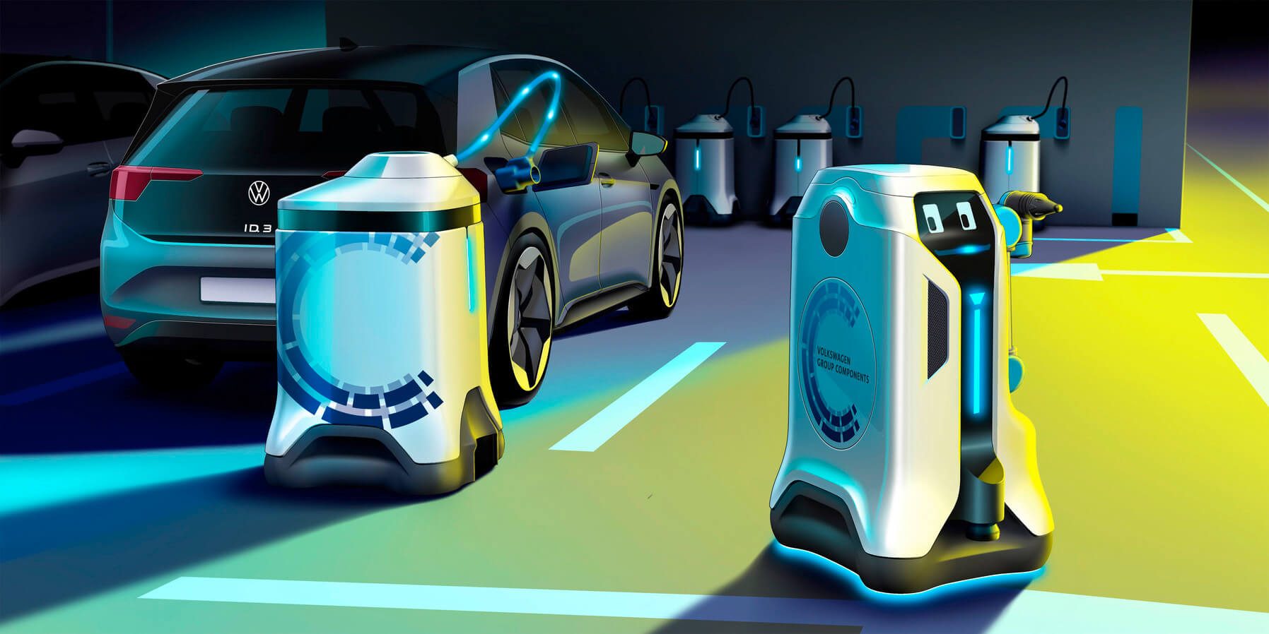 Na imagem, pequenos robôs se movem em ume stacionamento enquanto um aparece carregando um Volkswagen ID3