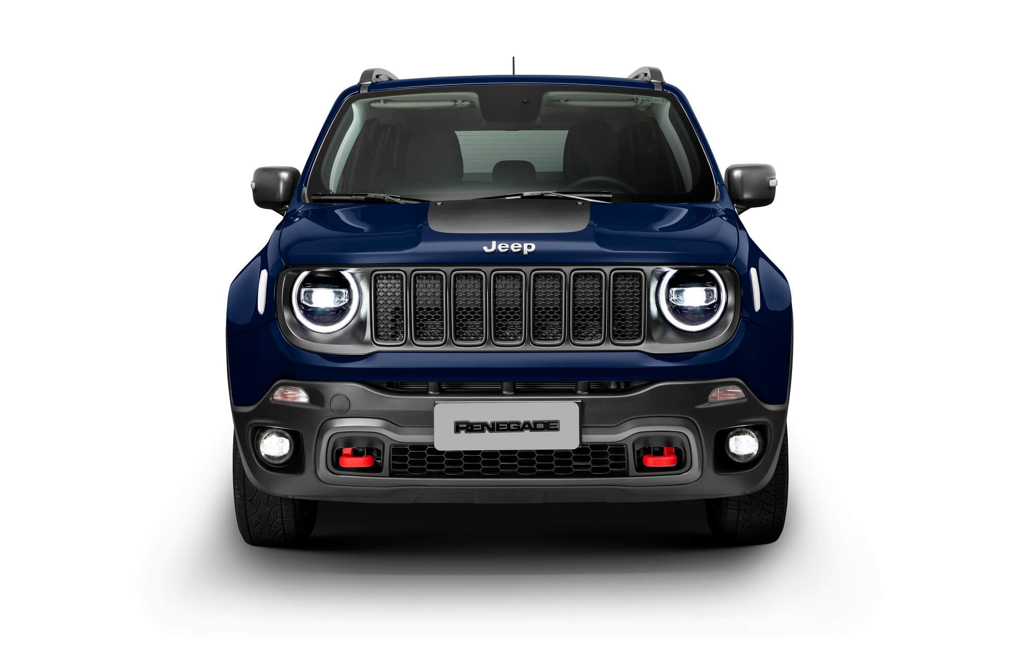 Jeep Renegade Trailhawk na cor azul de frente com os faróis redondos e a grade com sete entradas verticais