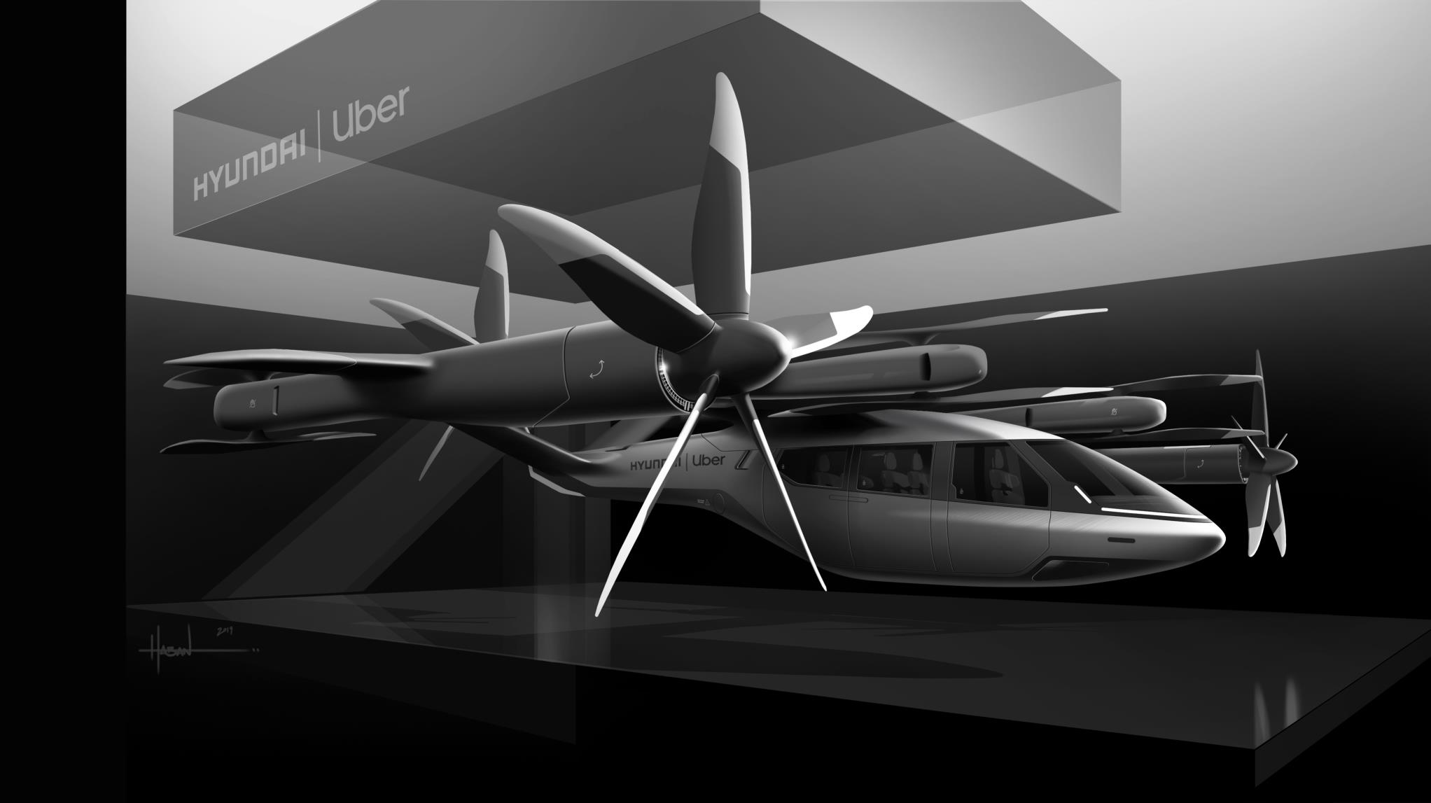 Projeção mostra o drone Hyundai Urban Air Mobility em uma plataforma de pouso em parceria com a Uber