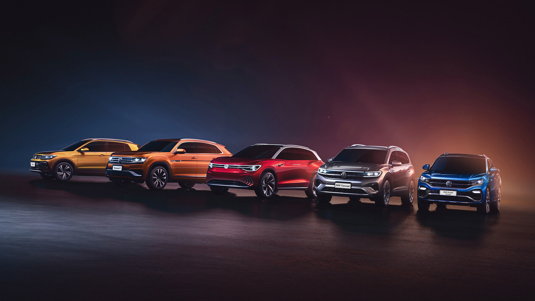 SUVs da Volkswagen perfilados em cores e tamanhos diferentes