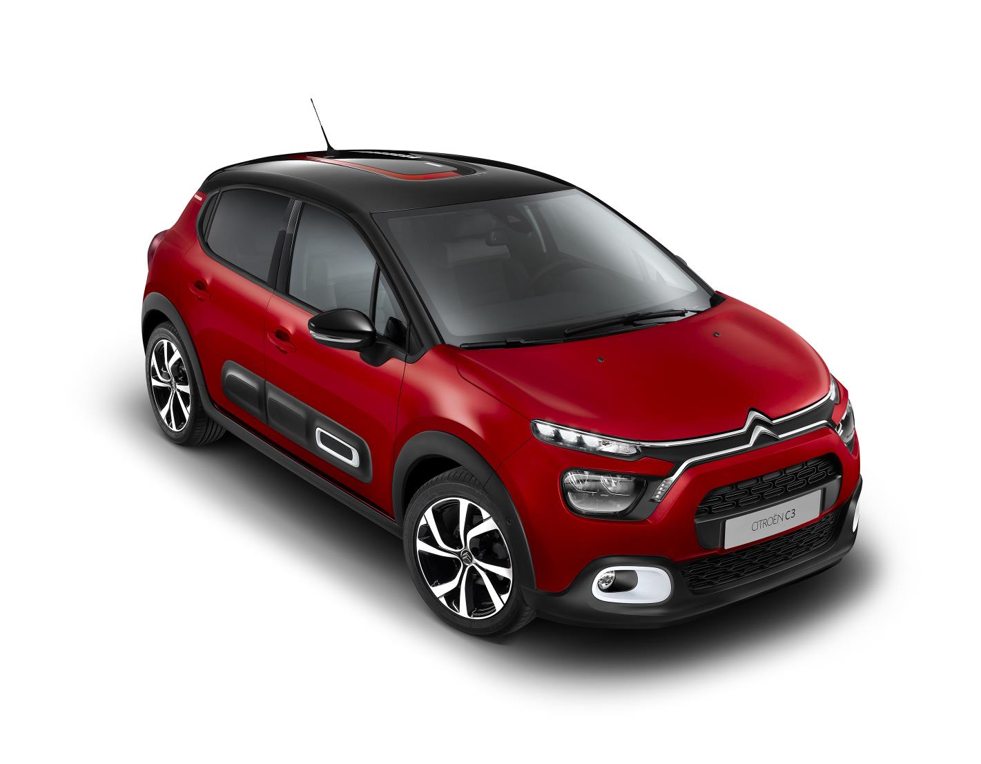 Citroën C3 2020 Europeu na cor velmeçha de frente com teto preto em foto estática de estúdio com fundo branco
