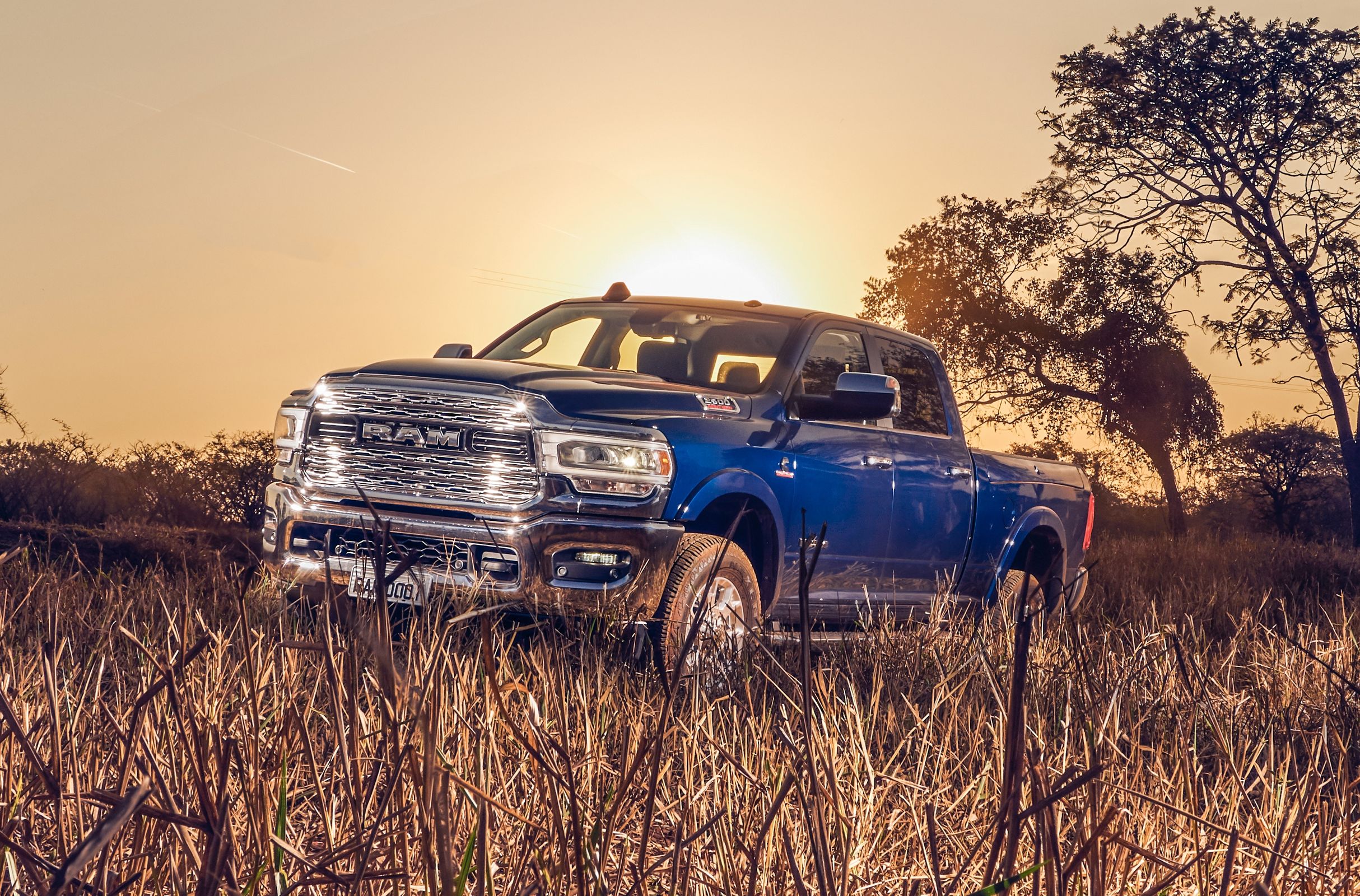 Ram 2500 na cor azul de frente parcialmente coberta pelo mato e ao fundo árvores e o pôr do sol