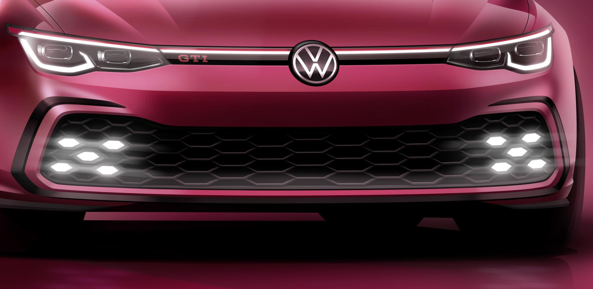 Teaser mostra filete de leds ligando os dois faróis afilados do Golf GTI vermelho e nichos de leds em forma d losango nas entradas de ar inferiores