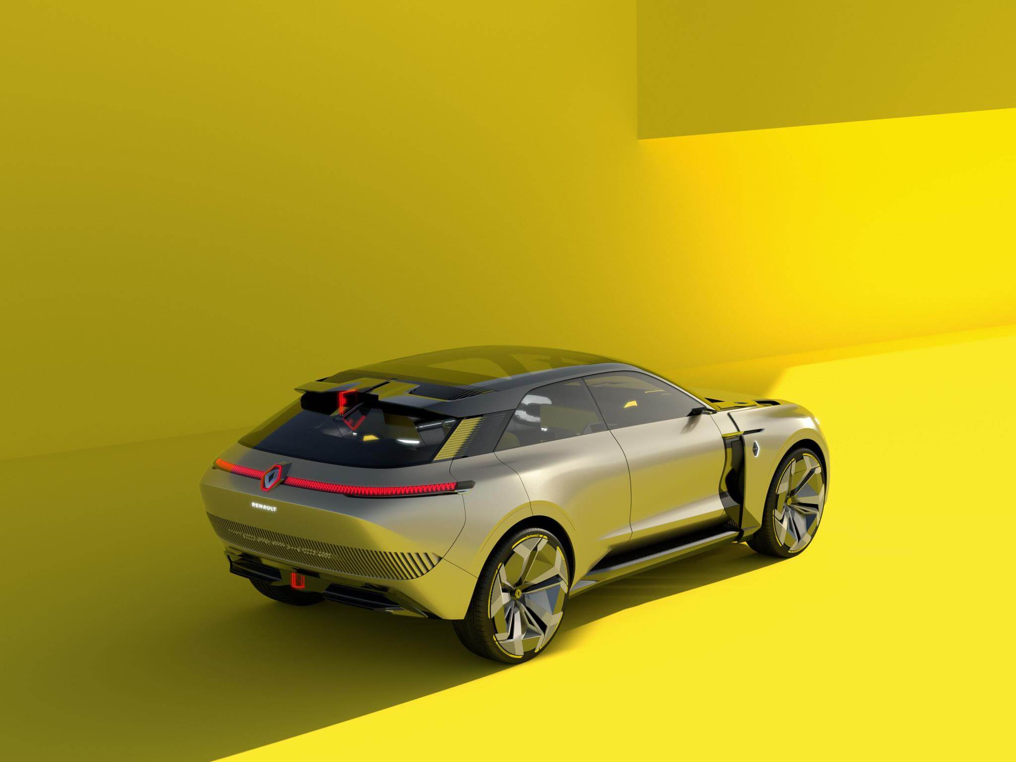 Renault Morphozde traseira visto de alto em sua configuração maior no fundo amarelo