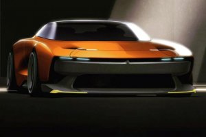 Esboço de um cupê Dodge amarelo com porte largo e protetores amarelos no spoiler