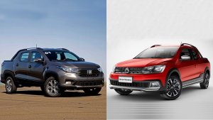 Montagem traz uma Fiat Strada cinza metálica de frente e uma Volkswagen Saveiro vermelha de frente