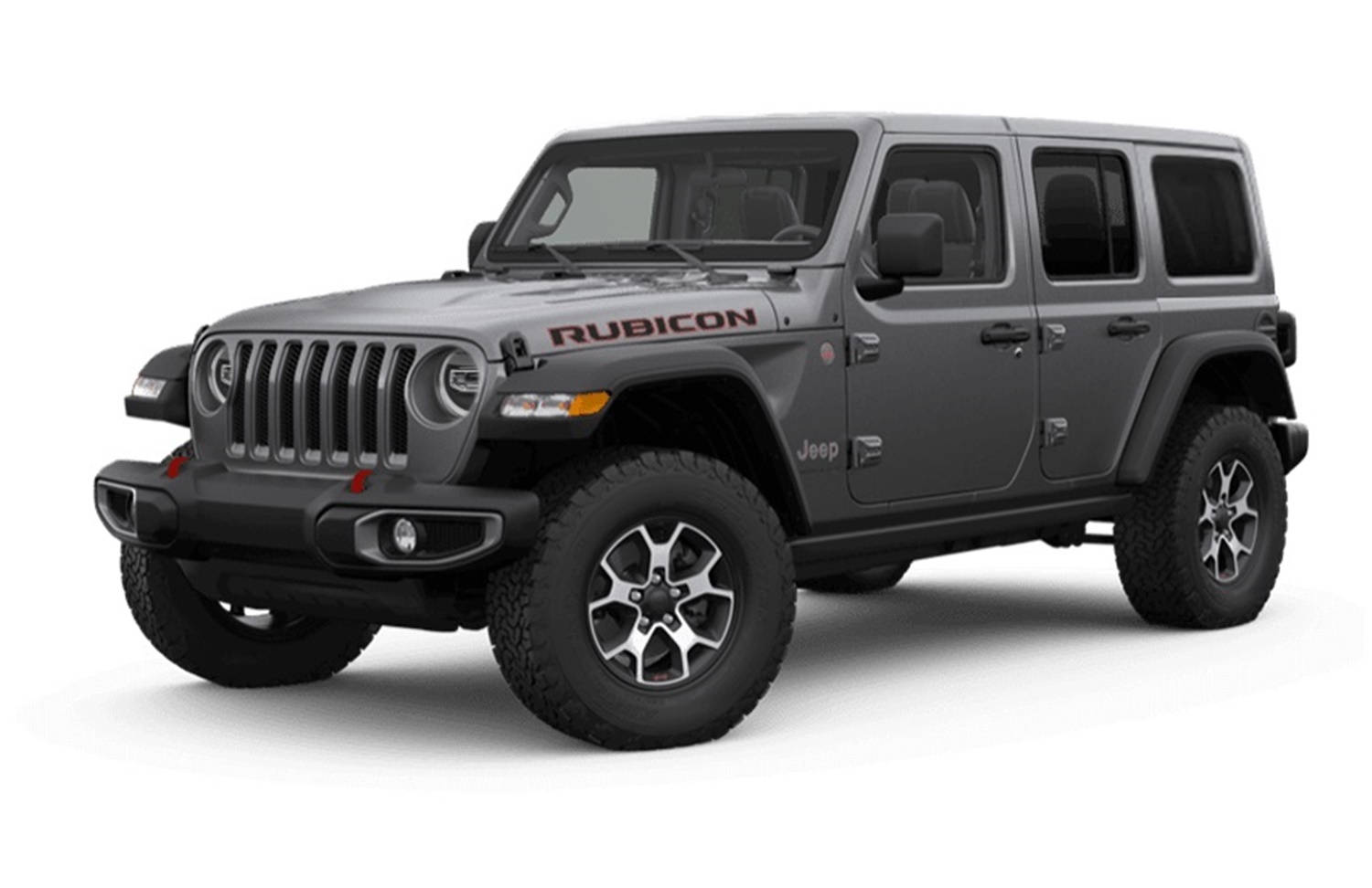 Jeep Wrangler Rubicon cinza escuro de frente em estúdio com fundo branco