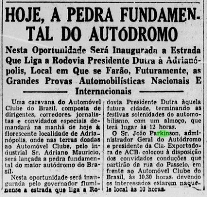 Trecho de reportagem do jornal A Luta Democratica sobre o Autódromo de Nova Iguaçu RJ