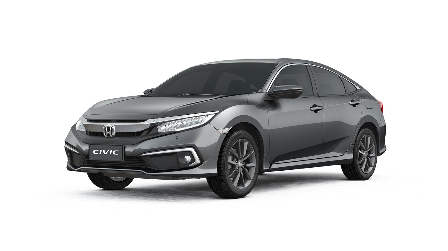 Honda Civic na cor cinza escuro metálico na versão EXL 2021 de frente em foto de estúdio com fundo branco