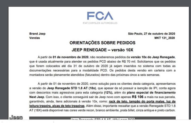 Carta Fca Renegade Pcd