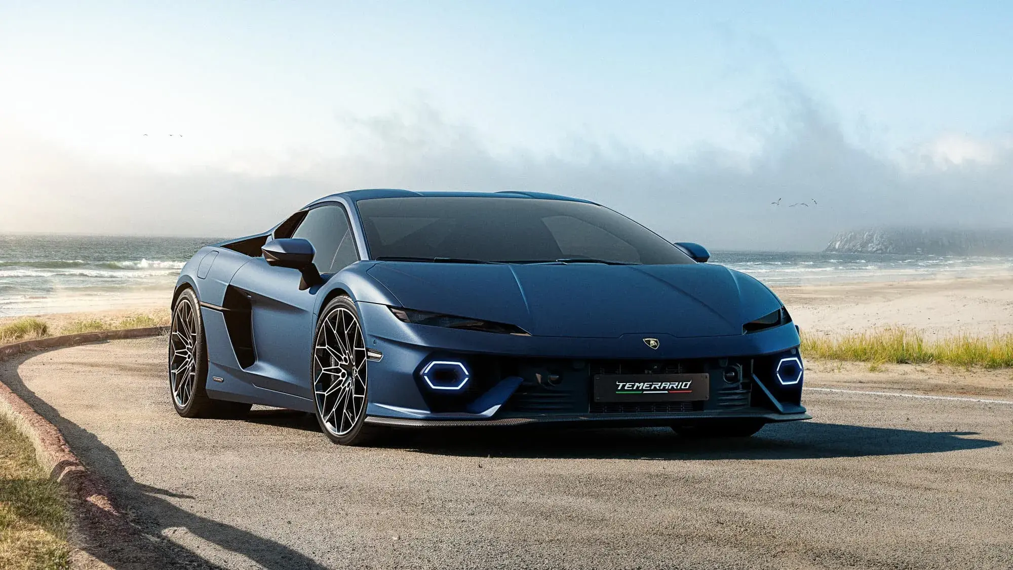 O Lamborghibi Temerario tem estilo arrebatador: frente em acentuada cunha, faróis estreitos e luzes de rodagem diurnas (DRLs) estilosas