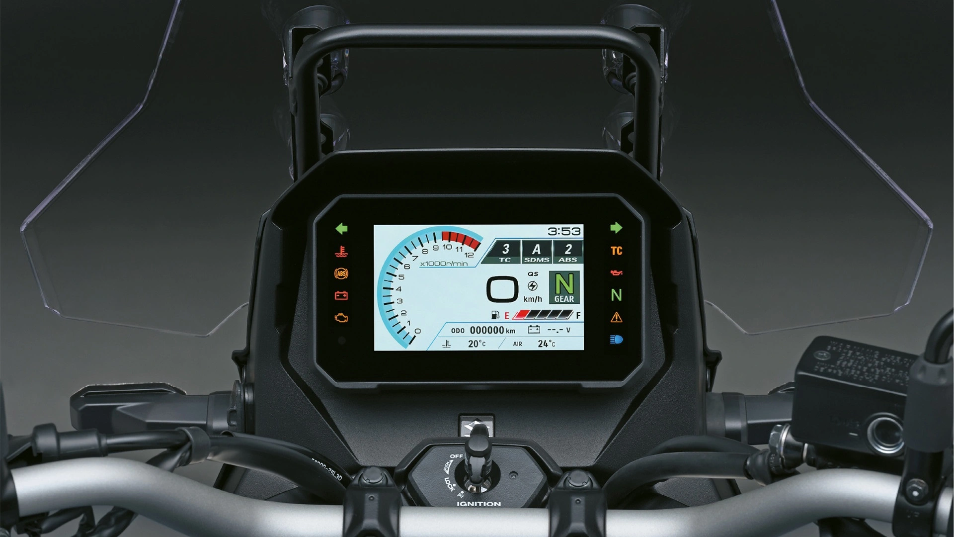 O painel de instrumentos é igual nas duas versões da V-Strom 800: tela de TFT de cinco polegadas