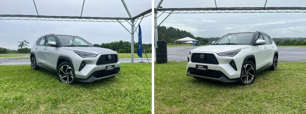 Toyota Yaris Cross XRX, híbrido (cinza) e 1.5 flex (branco), lado a lado